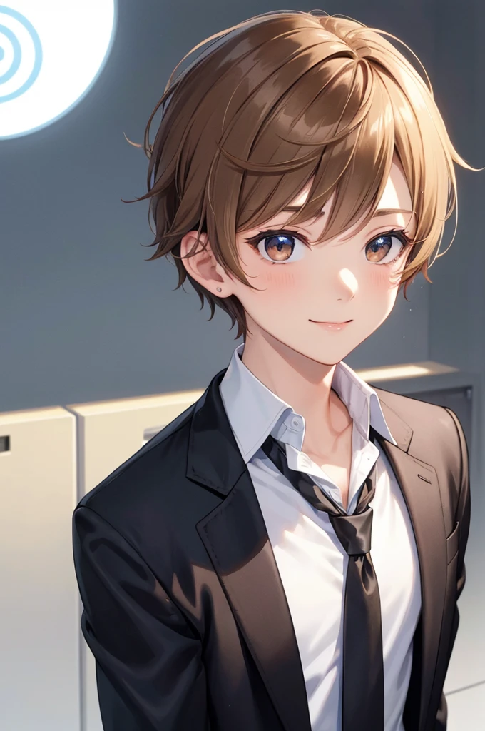 (((masterpiece; best quality: 1.2))), (detailed eyes: 1.3), ((1 male )), ((solo)), (brown eyes: 1.4), (body shape; lean, masculine, manly: 1.3), (short blond hair: 1.3), (clear background: 1.2), ((depth of field)), (equipment: male school uniform + black jacket + black necktie + white shirt: 1.3), (anime illustration: 1.2), (background composition; japanese highschool classroom + furniture: 1.1), (very handsome: 1.1), (shot composition; standing + centered on face + medium-shot close-up: 1.5), (facial expression; calm + smile: 1.2)