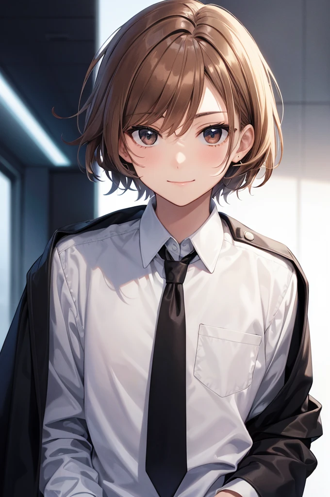 (((masterpiece; best quality: 1.2))), (detailed eyes: 1.3), ((1 male )), ((solo)), (brown eyes: 1.4), (body shape; lean, masculine, manly: 1.3), (short blond hair: 1.3), (clear background: 1.2), ((depth of field)), (equipment: male school uniform + black jacket + black necktie + white shirt: 1.3), (anime illustration: 1.2), (background composition; japanese highschool classroom + furniture: 1.1), (very handsome: 1.1), (shot composition; standing + centered on face + medium-shot close-up: 1.5), (facial expression; calm + smile: 1.2)