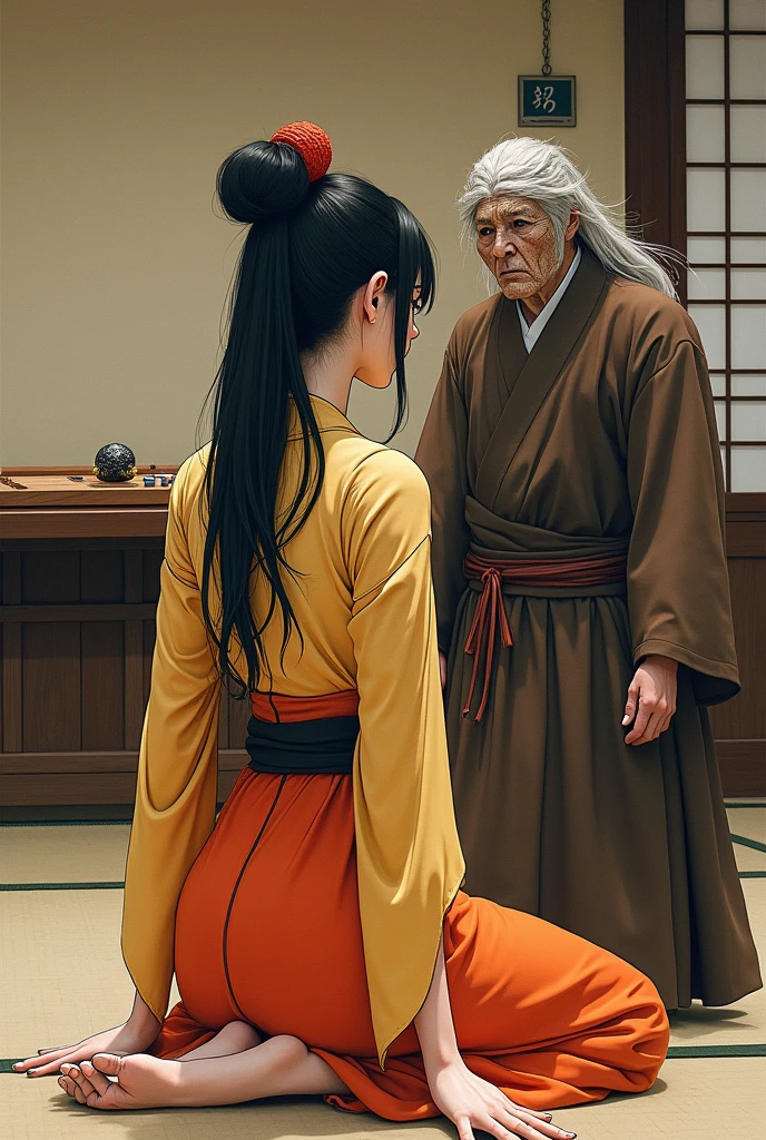 young samurai girl beautiful face Japanese facial features, slanted eyes loose long hair, athletic body orange and yellow kimono subservient position bent over with knees and hands on the ground facing an old man with a brown kimono with a tengú mask with a long pointed Japanese nose, traditional Japanese room with a counter and a traditional game board of round shogi pieces near them, Japanese watercolor art, angle of the image behind the girl, near the butt seen from bottom to top