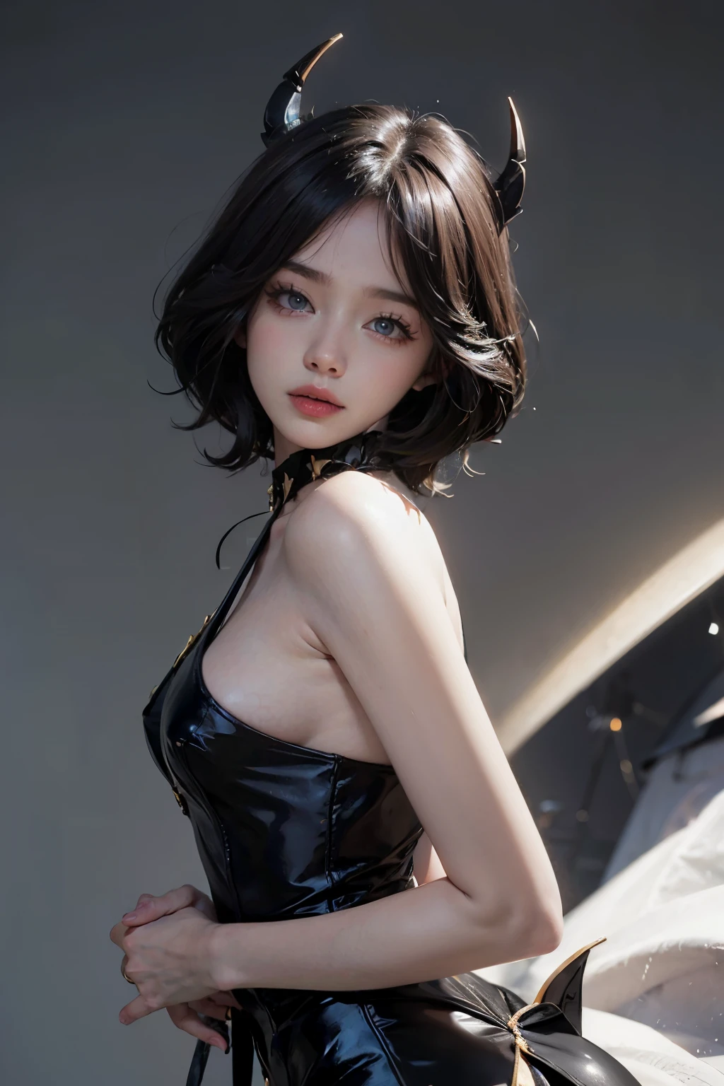 Goddess of Love, height: 165cm, weight: 40kg, length, Fluffy black hair and delicate features, Wearing flashy makeup. She is slender, . She has a beautiful figure. Her eyes are slightly narrowed, From front to toe. she is naked, Upper body、Do not wear any lower body clothing or underwear。, like a devil, wearing thigh-high boots. dark. artistic and high resolution. ,