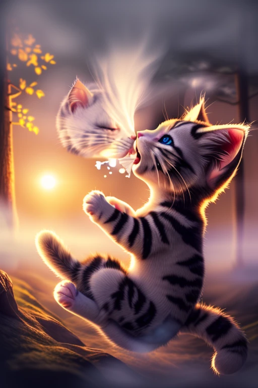 (Highest quality、masterpiece、8k))、Anatomically correct、Very detailed、High resolution、Cinematic lighting、Realistic、((Beautiful, sparkling, detailed eyes))、Intricate details、((Dynamic composition))、A cute little white kitten、Big head、(((A kitten exhaling white breath:1.4)))、((fog:1.4))、Beautiful forest、((Open your mouth))、Beautiful sunrise、