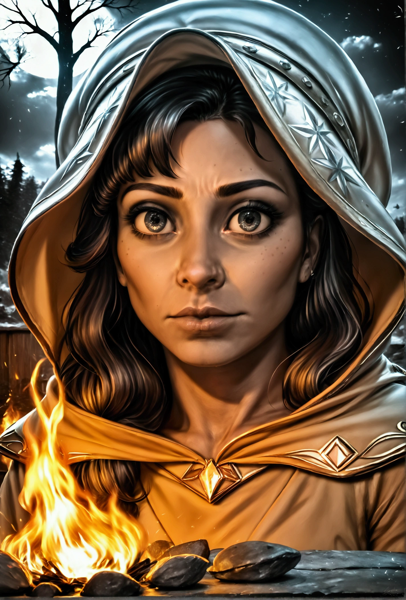 a woman in yellow poncho huddled near a burning campfire, trying to warm herself, frozen tears on her cheek, detailed facial features, 1 girl, chiaroscuro lighting, dramatic lighting, moody atmosphere, cinematic, muted color palette, gritty, melancholic, (best quality,4k,8k,highres,masterpiece:1.2),ultra-detailed,(realistic,photorealistic,photo-realistic:1.37)