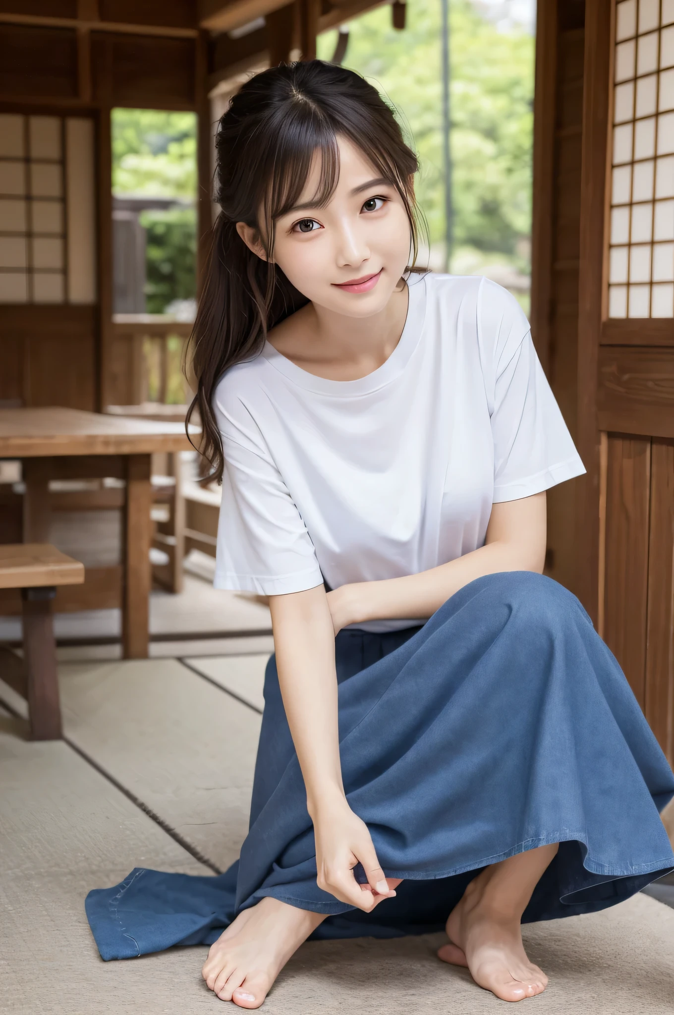 Tabletop, 最high quality, figure, Very detailedな, Fine details, High resolution, 8k wallpaper, Perfect dynamic composition, 美しいAttention to detail目, Natural lips,The best texture, high quality, Ultra HD, 8k, whole bodyphotograph, Realistic, Very detailed, Attention to detail, Ultra Clear,Japanese One person alone semi-long Wave cute photograph Real front Whitening older sister looking at the camera Small face Adult-like summer Beautiful feet whole body I wore mules Ultra high definition Long skirt T-Shirts mature turn around looking at the camera