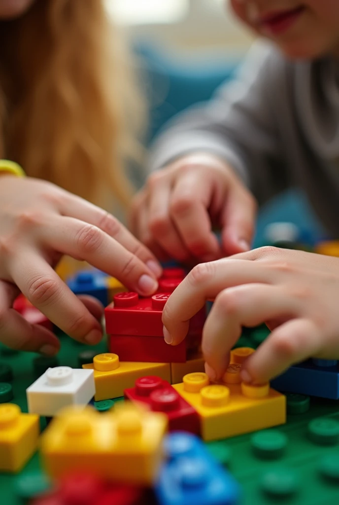 A close-up of Max and Lily’s hands working together on the LEGO castle, with pieces fitting together and showing teamwork.