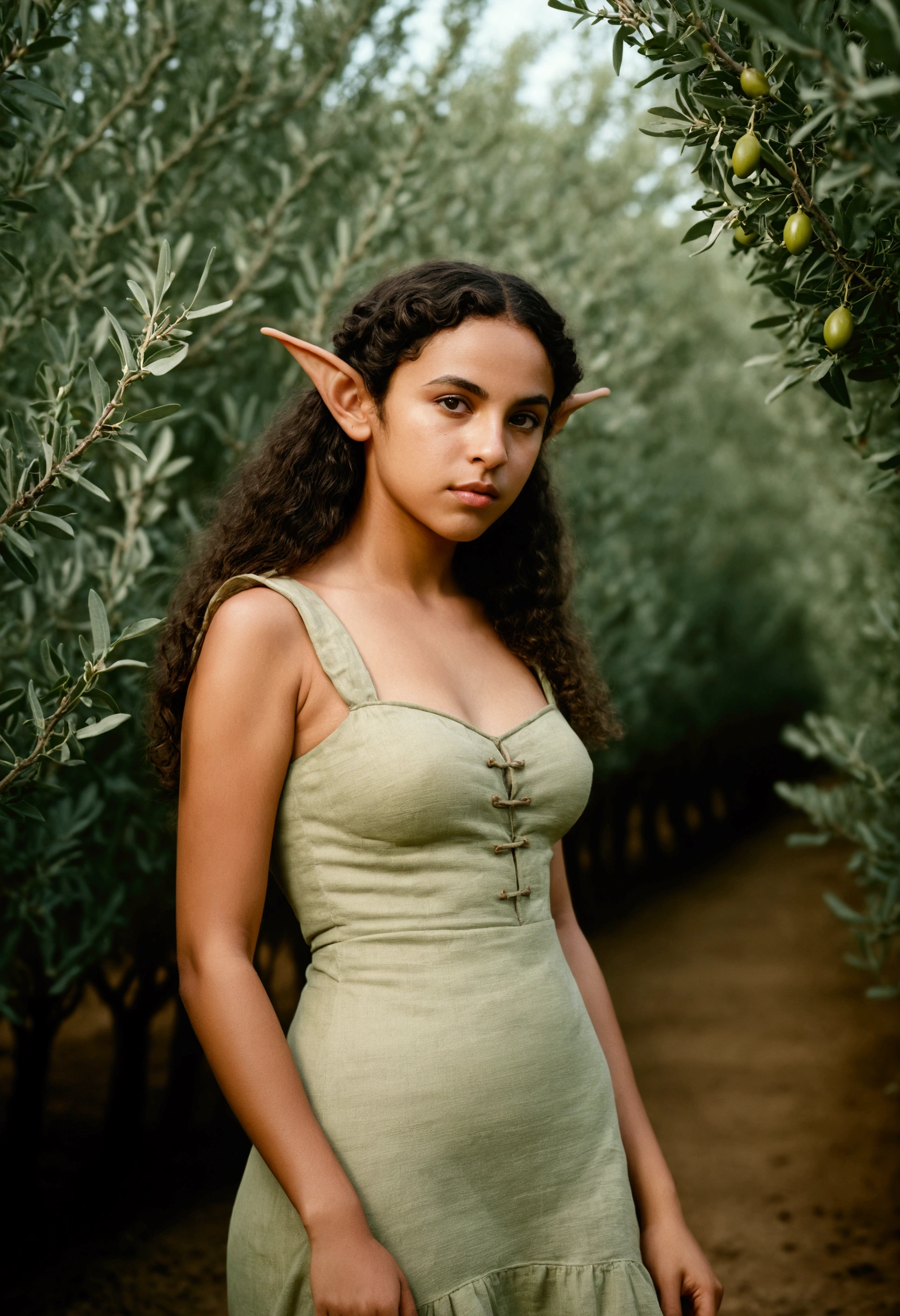 analog film photo, photo of a young elf girl, elf, elf ears, long pointy ears, long dark curly hair, brown complexion, full hourglass figure, voluptuous, plump round buttocks, wearing a linen mini-dress, posing in an olive grove, resembles Adria Arjona, RAW Photograph, dslr, soft lighting, high quality, film grain, Fujifilm XT3, detailed skin with visible pores, insane details, masterpiece, 8k, 35mm photograph, dslr, kodachrome, faded film, desaturated, grainy, vintage, Lomography, stained, highly detailed, found footage, close-up shot, elven ears