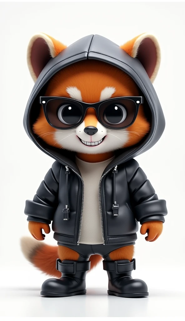 3D rendered with C4D and Blender、Wearing a black leather hoodie、A cute cartoon tanuki wearing white technical wear underneath, With big eyes, Wearing sunglasses, Small Nose, A full body shot against a white background. The wolf is wearing black leather boots、Chibi character design with studio lighting. The wolf is grinning evilly, There are glowing lines on the suit, High resolution, Attention to detail, Best Quality
