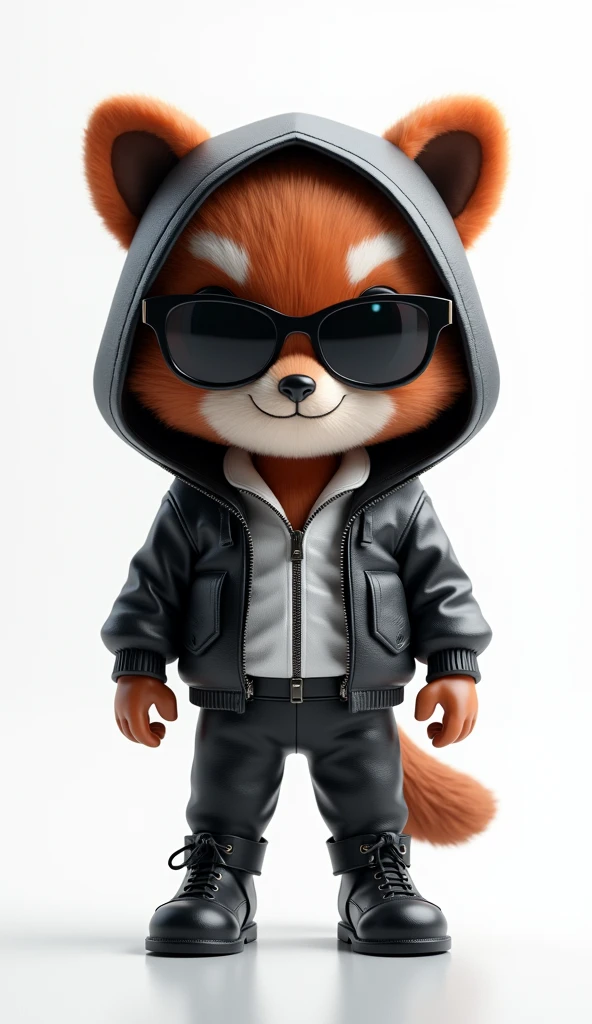 3D rendered with C4D and Blender、Wearing a black leather hoodie、A cute cartoon tanuki wearing white technical wear underneath, With big eyes, Wearing sunglasses, Small Nose, A full body shot against a white background. The wolf is wearing black leather boots、Chibi character design with studio lighting. The wolf is grinning evilly, There are glowing lines on the suit, High resolution, Attention to detail, Best Quality
