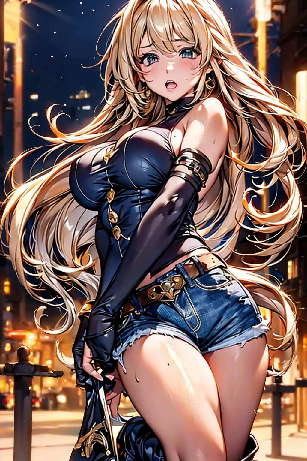 Browsing Caution,​(Highest quality, 8k, masterpiece:1.3,beautiful girl), (Very detailed)Glowing Skin,(((Long Hair,blonde,Beautiful Hair))),(Perfect Anatomy, Anatomically correct, Very detailed肌),((Golden Eyes)),((Perfect Fingers,Five Fingers)), Baby Face, Mole under the eye, ((White tube top, Navy blue denim shorts with distressed detailing.、black platform boots), Fancy earrings、Gold bracelet、Double teeth,Big Breasts,Big Ass,Anxious face、night、Port town、front、concentrate、Arms crossed in front of you,Sunburn、