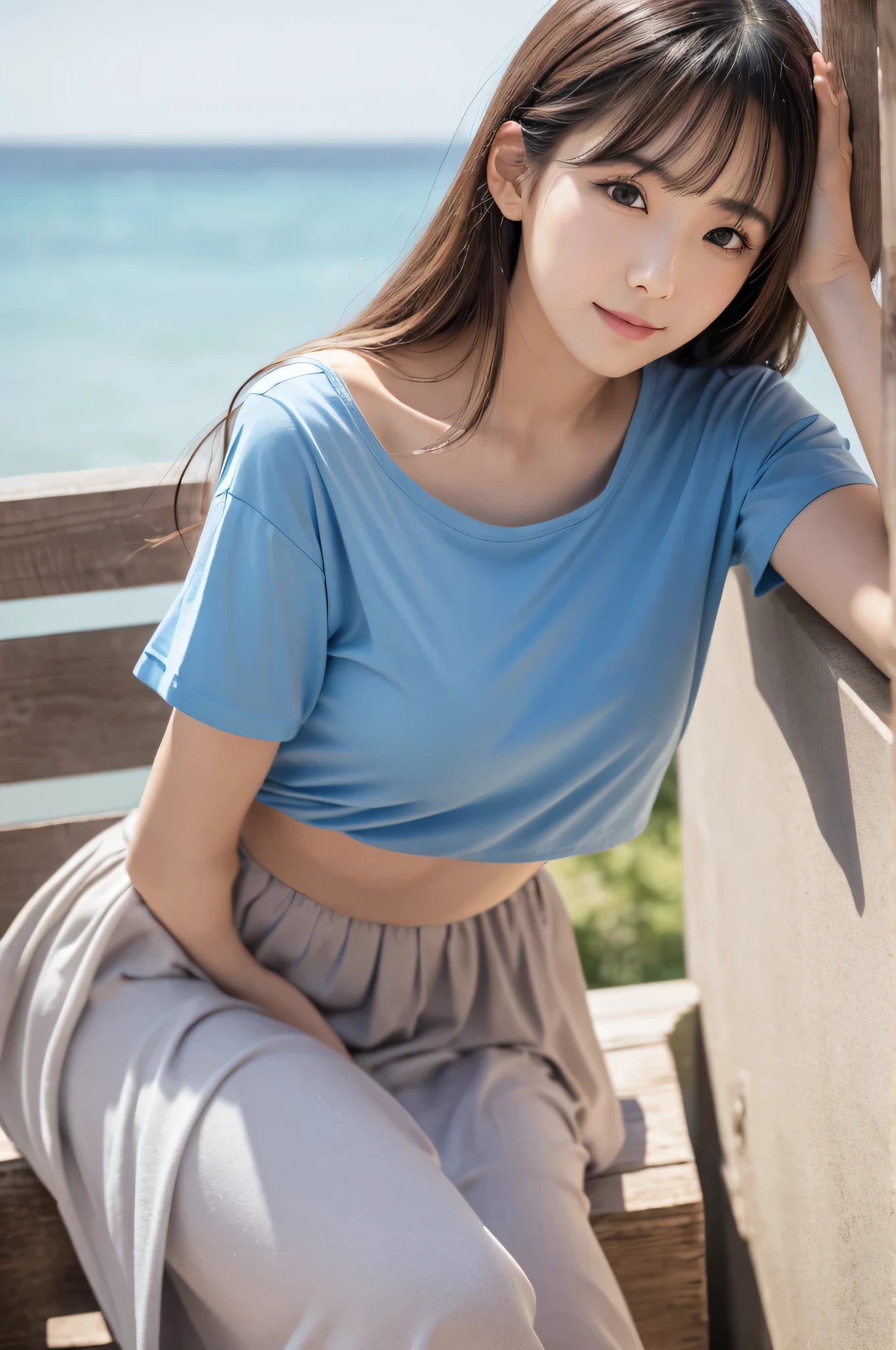 Tabletop, 最high quality, figure, Very detailedな, Fine details, High resolution, 8k wallpaper, Perfect dynamic composition, 美しいAttention to detail目, Natural lips,The best texture, high quality, Ultra HD, 8k, whole bodyphotograph, Realistic, Very detailed, Attention to detail, Ultra Clear,Japanese One person alone semi-long Wave cute photograph Real front Whitening older sister looking at the camera Small face Adult-like summer Beautiful feet whole body I wore mules Ultra high definition Long skirt T-Shirts mature turn around looking at the camera