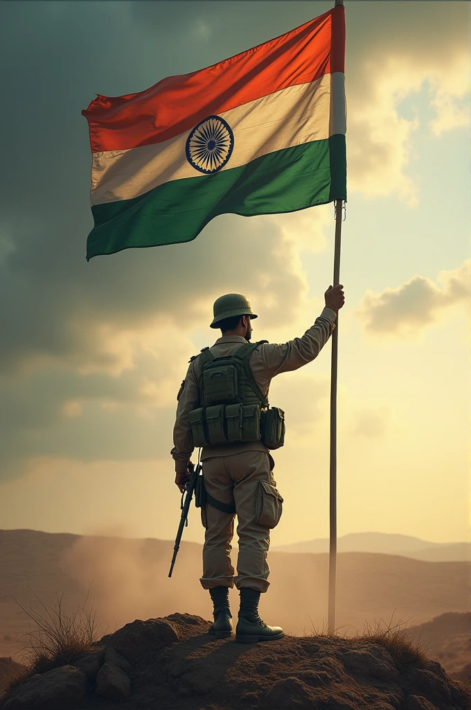 Create a image for whatsapp status - a army man holding tricolor flag and also write a slogan