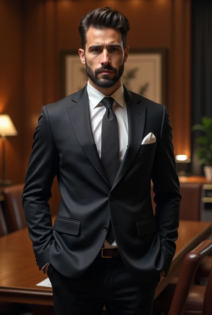 An entrepreneur in a luxurious setting, vestindo um terno,, showing confidence and faceless 3x4