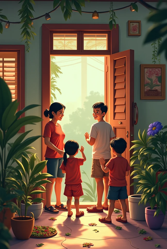 Bayanihan and Community:Depict a window or doorway showing neighbors helping each other with small tasks, representing the bayanihan spirit—community cooperation and mutual support.