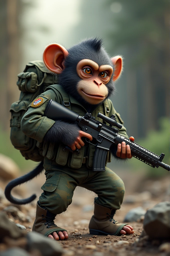 A monkey dressed as a soldier with his rifle and backpack