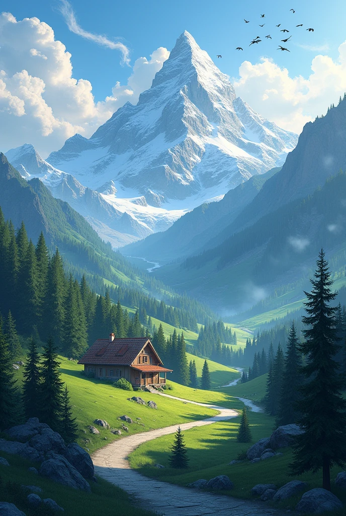 Mountains,house,roads,birds,trees,clouds