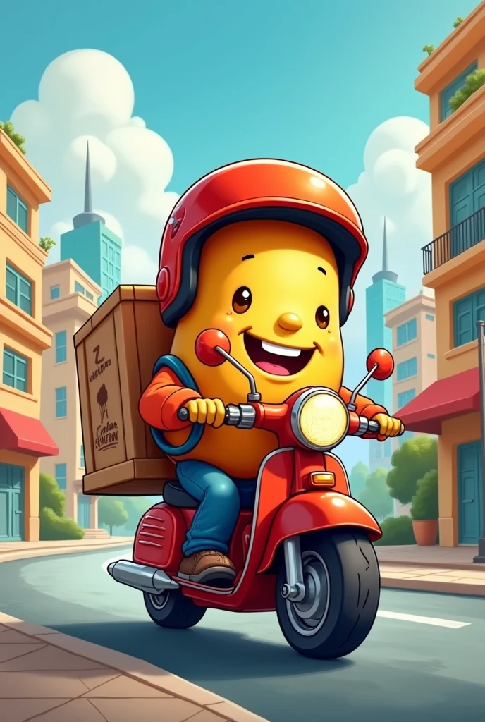 Drawing of a happy motorcycle delivery guy potato