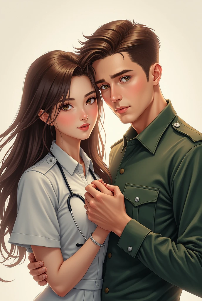 A realistic style image of a couple holding hands looking at the camera, consisting of a brown-eyed physiotherapist with long hair, and a tall soldier with brown hair and green eyes