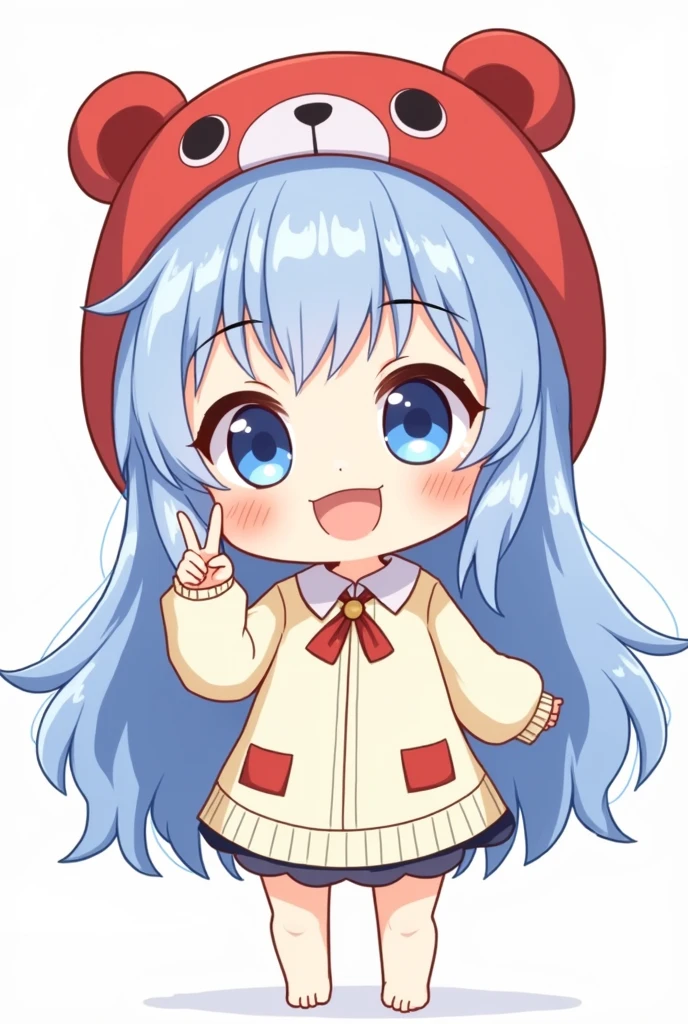 Chibi drawing of a girl with long wavy blue hair, wearing a red bear hat, with fried eggs on both cheeks, big cute eyes, and holding up two fingers.
