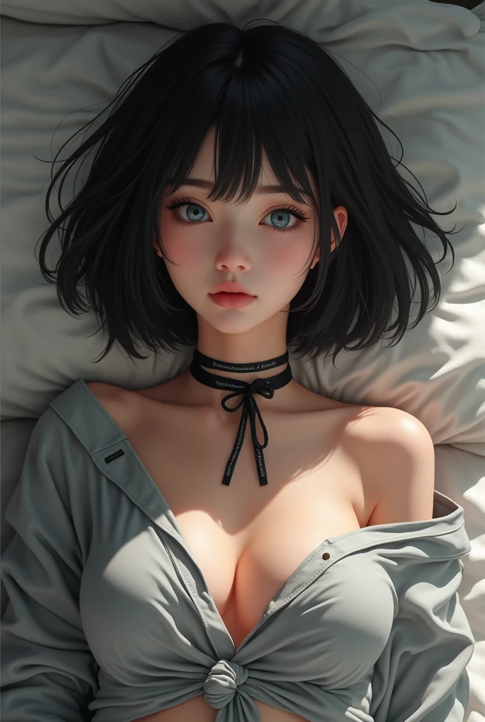 figure laying down with open legs girl is beautiful japanese female and beautiful russian female mixed race only in the face age is features of the whole body black hair medium straight bob cut hair style beautiful small face with short eyelashes boyish eyes only high nose dark blue pupils very thin upper lip milky white skin accurate attractive body shape beautiful bust waist hip s thighs knees legs choker and tie on neck wearing only a large size casual shirt real face kindly and slightly in bed