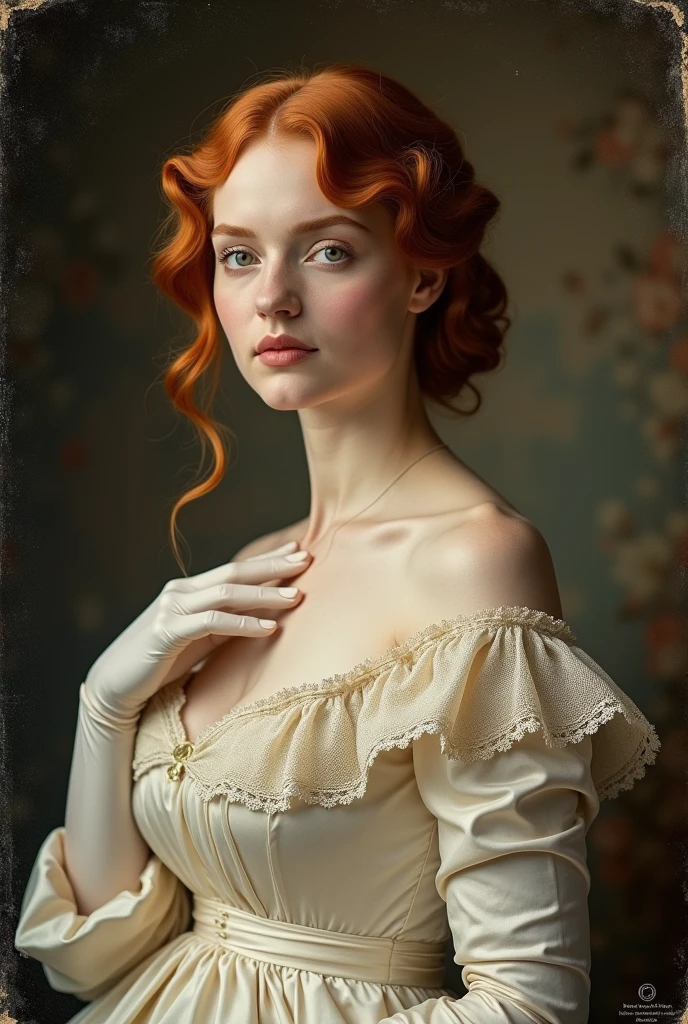 pale skin muscular redhead 18 year old woman long dress in the style of Norman Rockwell