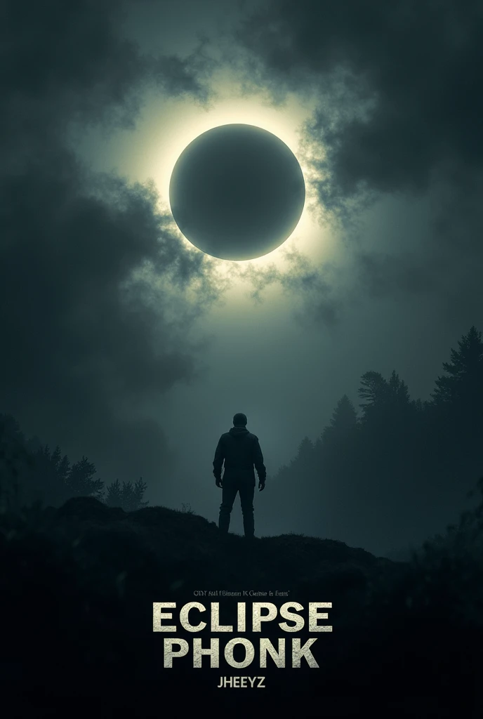 Create cover art for the album 'Eclipse PHONK'. The image must feature a solar or lunar eclipse as the central element, with a dark and atmospheric style. Use dark, contrasting colors, with a mysterious background. Include the title 'Eclipse PHONK' and the artist's name prominently "JheeyZ", with a font that matches the dark theme."