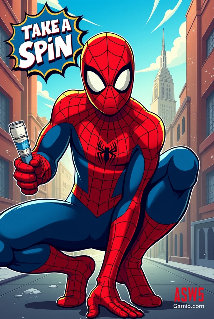 Make me a Spider-Man themed kids' invitation that says “I invite you to take a spin with a Shavita beer”