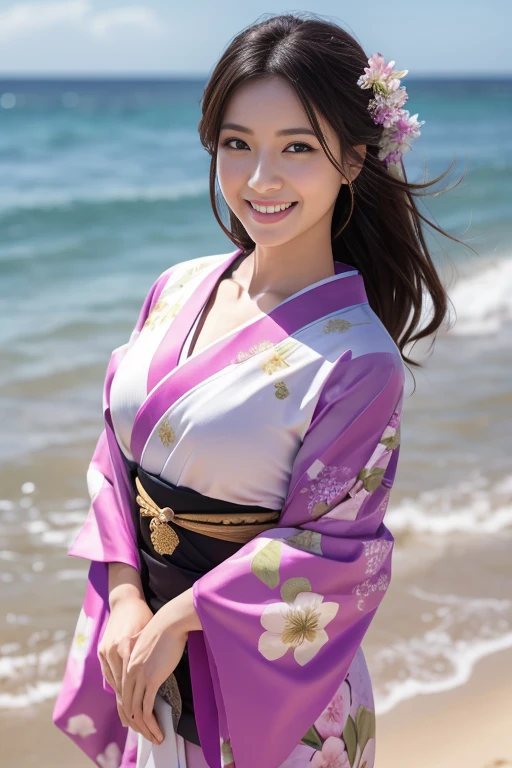 Realistic, High resolution, 1 female, alone, Lift your hips high, Displaying the viewer, (Detailed face), kimono, gem An engaging smile Shooting on the beach ビーチでkimono姿