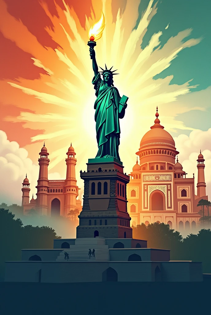 Independence day poster with ram mandir, new sansat bhavan, statue of liberty