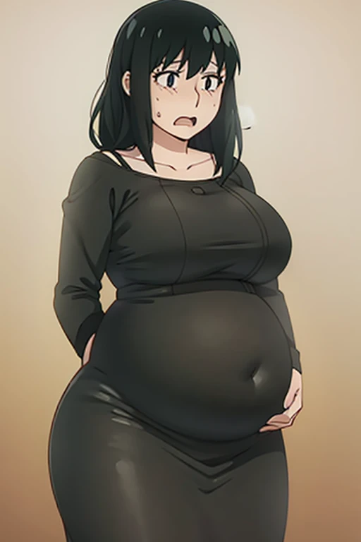 anime pregnant woman in black dress with a surprised look on her face, she has a jiggly fat round belly, her belly is fat and round, thicc, yor