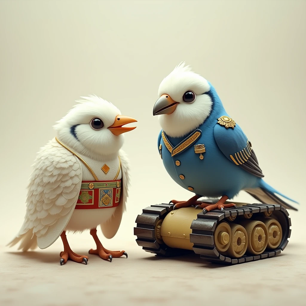 A round, snow-white snow bunting wearing a kimono riding a caterpillar tank, and a blue-feathered, white-headed, round-eyed budgerigar wearing a military uniform.