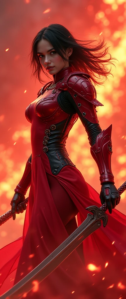 (Facing viewer), (masterpiece:1.2, Highest quality,High resolution,Super detailed),8k,wallpaper,(Very detailed),(Armored Core Style),Woman (Emma Watson) in cheongsam robot armor,Black Hair,Random Hairstyles,(Flame Ninja),(Red body),(Detailed face:1.3),(Detailed body:1.3),(Cowboy Shot:1.6),(The background is a red battlefield with a translucent dragon made of summoned flames.:2.0),Hair blowing in the wind,cyber punk,(dynamic),(Preparing for battle,Wield a giant sword with both hands:1.2,The electronic parts of the armor glow.:1.6),(Detailed hands:1.6),(Flashy special move effects:2.0)