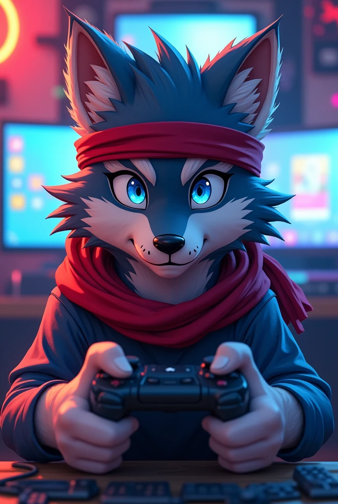 A young white male animated wolf with blue eyes wearing a red ninja headband, in a gamer room background, from the neck up, holding a PS4 controller.