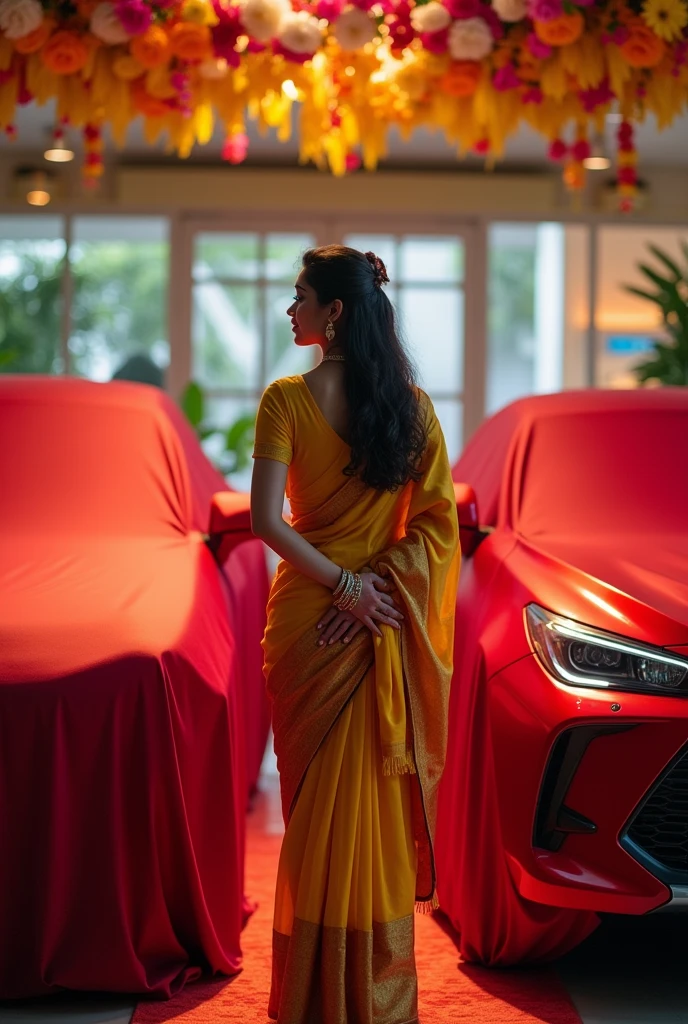 Make a photo of a lady in Kerala saree inviting people to kairali toyota showroom for a grand new car key handovering ceremony of toyota vehicles with half covered in red satin cover in onam theme background