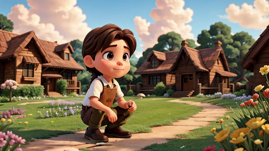 1 chico (8 years) crouching in a garden (detailed) (Brown hair) exploring their home garden, ilustrativo de Disney, (Best Quality, 4k, 8k,High resolution,masterpiece:1.2)Retailer, Disney, back view, with a rock in his hand