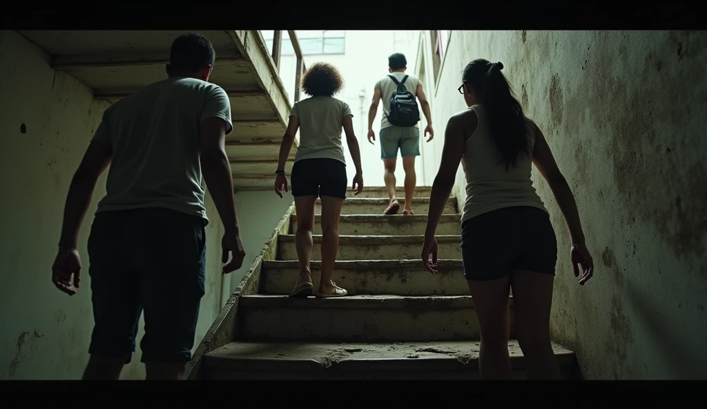 4. Finding the Stairs to the Upper Floor - Scene 4: They found an old ladder that looked fragile.. With caution, they climbed the stairs one by one, their faces showed tension. The stairs creaked every time they stepped.. (Pemain : andi, rina, Budi, and Siska)