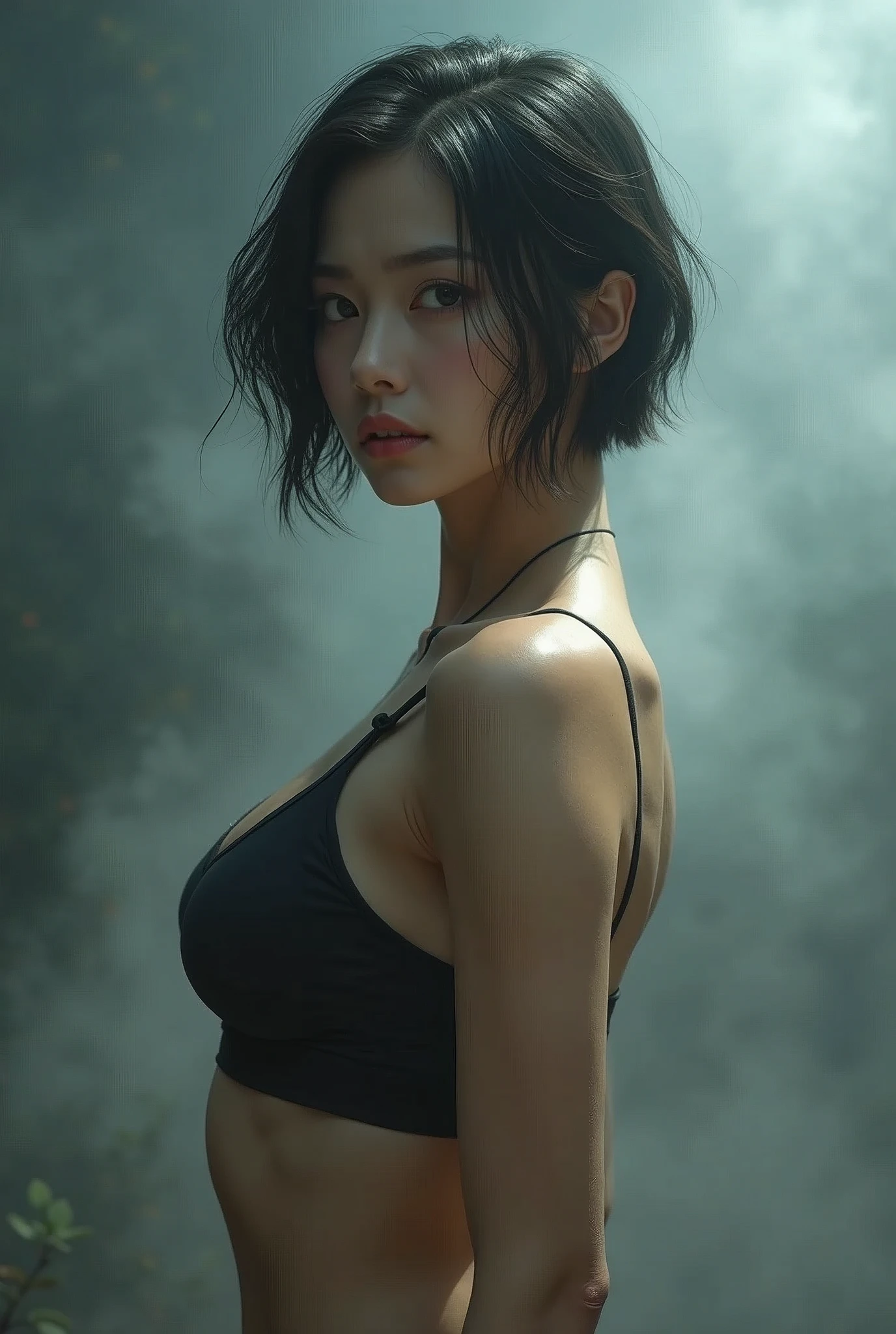 ((Best quality, 8k, Masterpiece :1.3)), 1girl, Pretty woman with emphasizing abs :1.3, (short cut hairstyles, Huge breasts),Ultra-detailed face, Detailed eyes, Double eyelid,((from the thighs up)),japanese,hyper realistic photography, Hyper Sharp Image, Hyper Detail Image,(short cut hair),((Mysterious Fog))