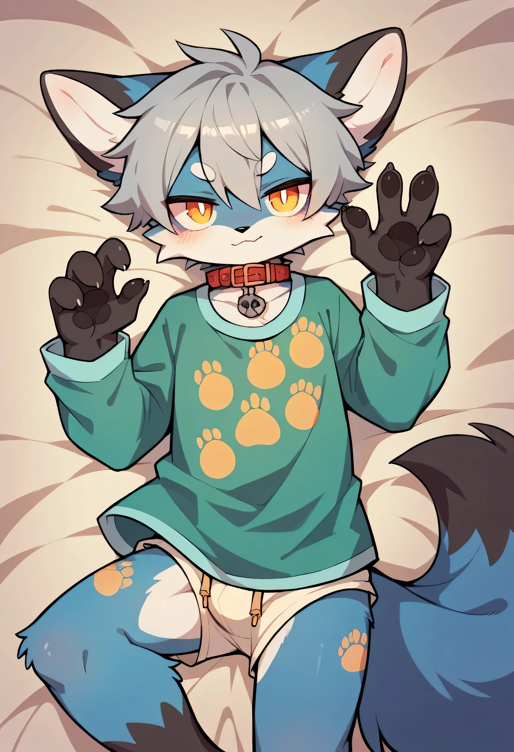 (Yellow colored fur,Gray Hair,)Very detailed,Ultra-high resolution,Horny boy,participate,Footprint clothes,Pajama Clothing,Fox,Red collar,