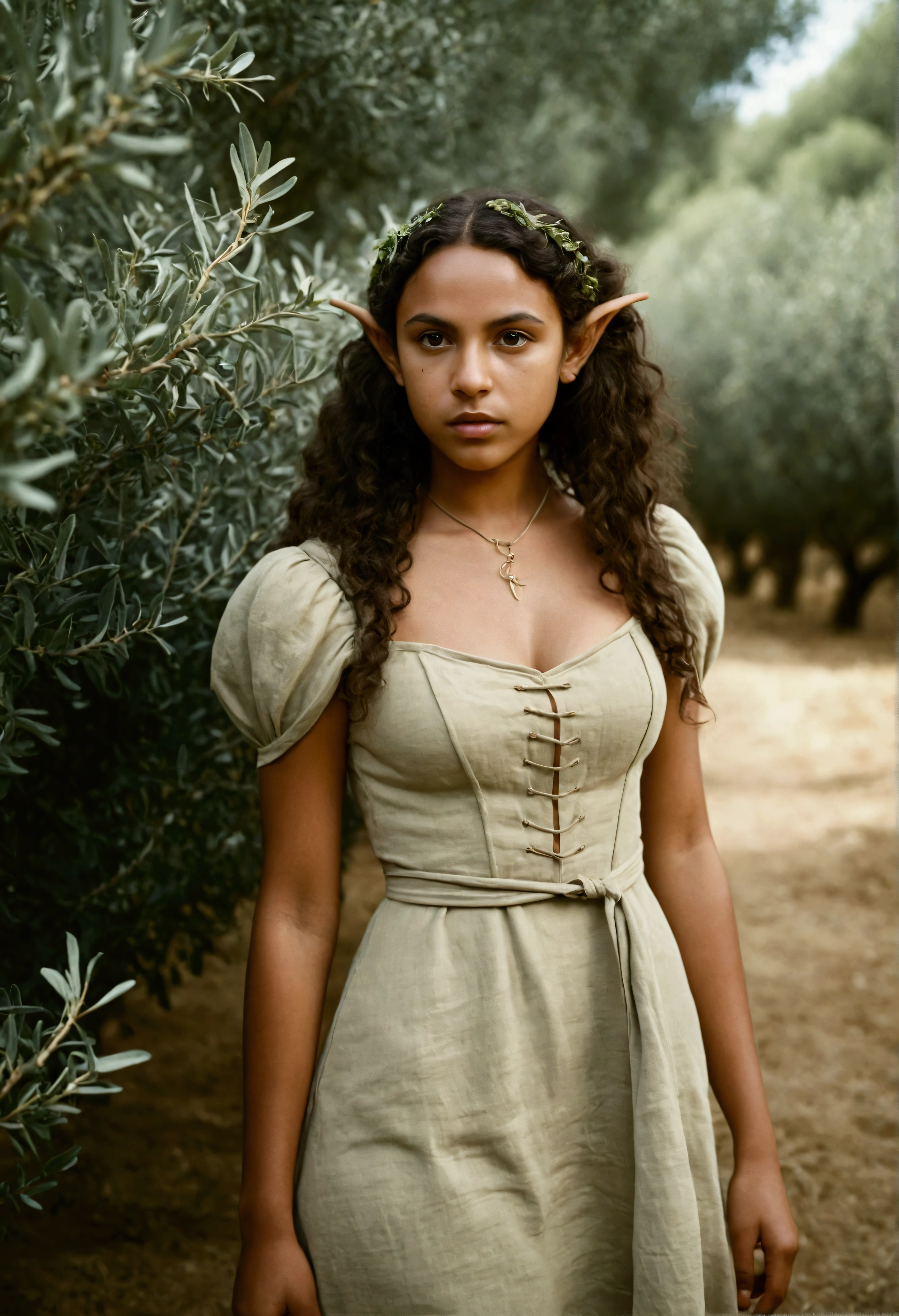 analog film photo, photo of a young elf girl, elf, elf ears, long pointy ears, long dark curls, brown complexion, full hourglass figure, voluptuous, plump round buttocks, wearing a linen mini-dress, posing in an olive grove, resembles Adria Arjona, RAW Photograph, dslr, soft lighting, high quality, film grain, Fujifilm XT3, detailed skin with visible pores, insane details, masterpiece, 8k, 35mm photograph, dslr, kodachrome, faded film, desaturated, grainy, vintage, Lomography, stained, highly detailed, found footage, close-up shot, elven ears