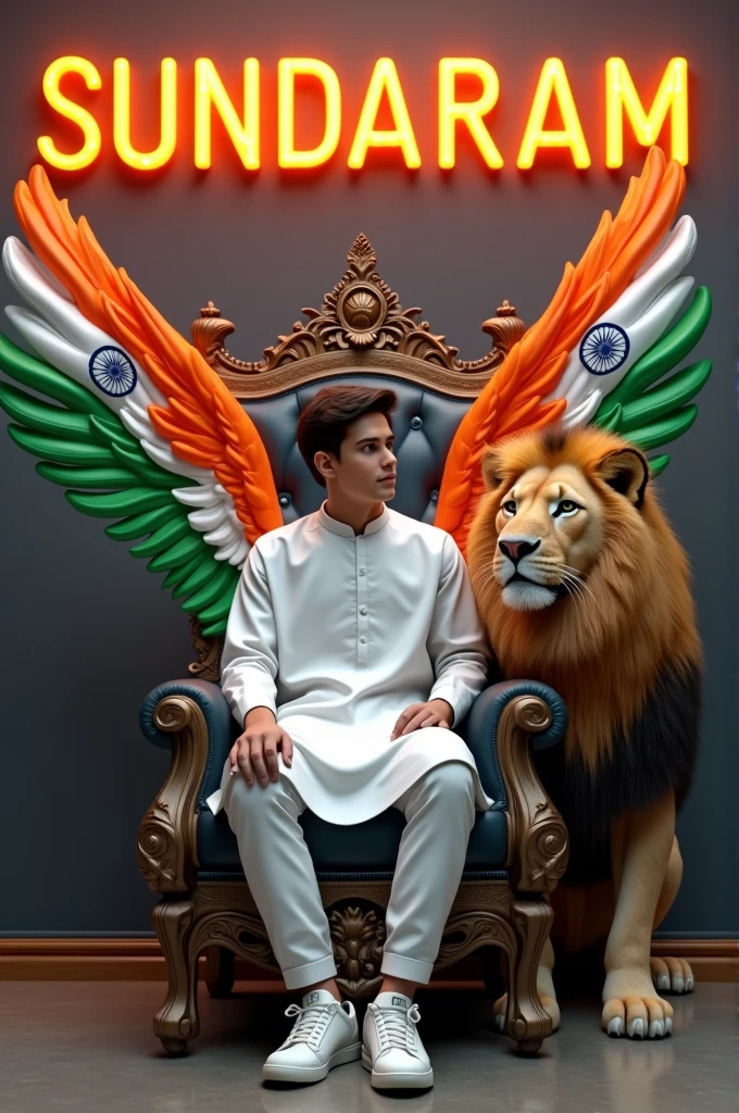 Create a 3D illusion for the profile picture where a cute 17 year old boy in white kurta is sitting comfortably on the chair of the King of Beasts throne. Indian flag in hand And a ferocious lion next to me. Wearing sneakers, he looks ahead. “SUNDARAM” is written in large, orange neon light font on the dark gray wall in the background. He has no shadow and has Indian Tricolor colored wings 4k

