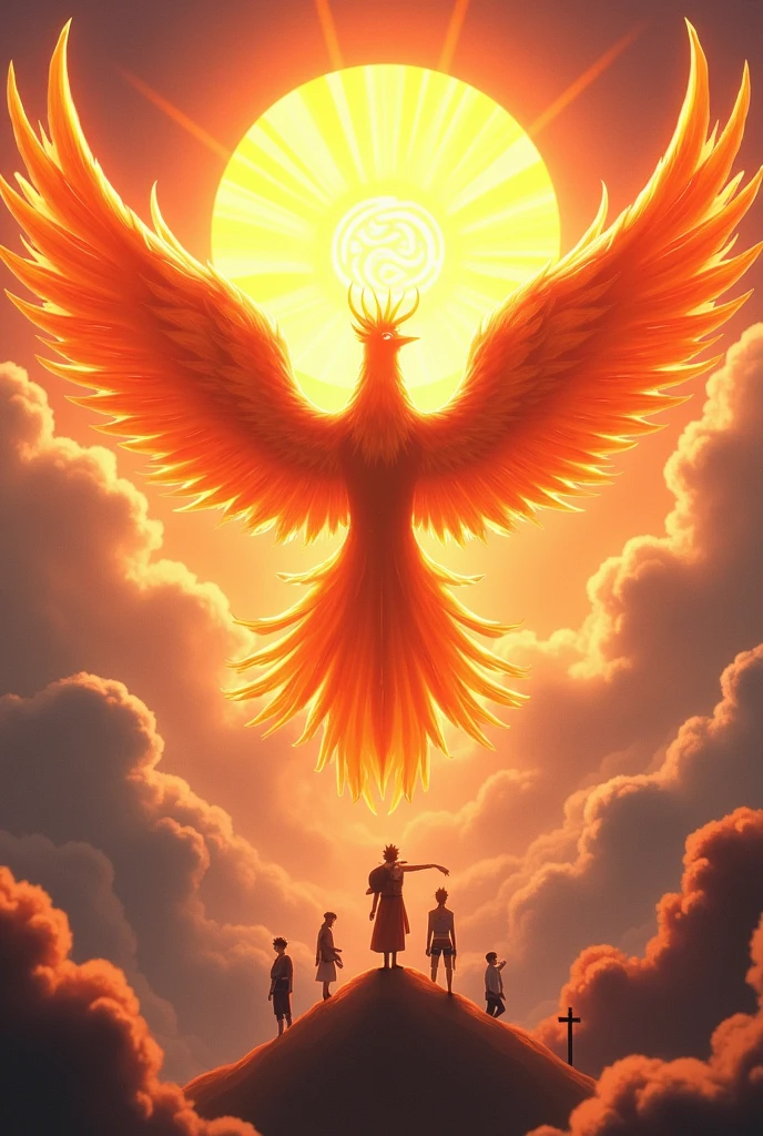 I want an image that appears an orange phoenix, Oh Naruto, sakura, sasuke, hinata, Kakashi, boruto. I want you to have a mystical sun, a cross of Jesus and the symbol of Shotokan Karate which is the tiger