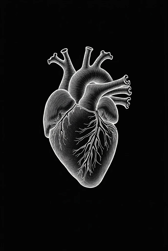 on a long horizontal black background, place a drawing of an anatomical heart in the center, anatomy book type illustration, (showing the interior) and the color of the drawing is white. The illustration style should not be realistic but rather like an old book, like sketch style, not neat and should look like it's been cut coronally showing the internal cavities
