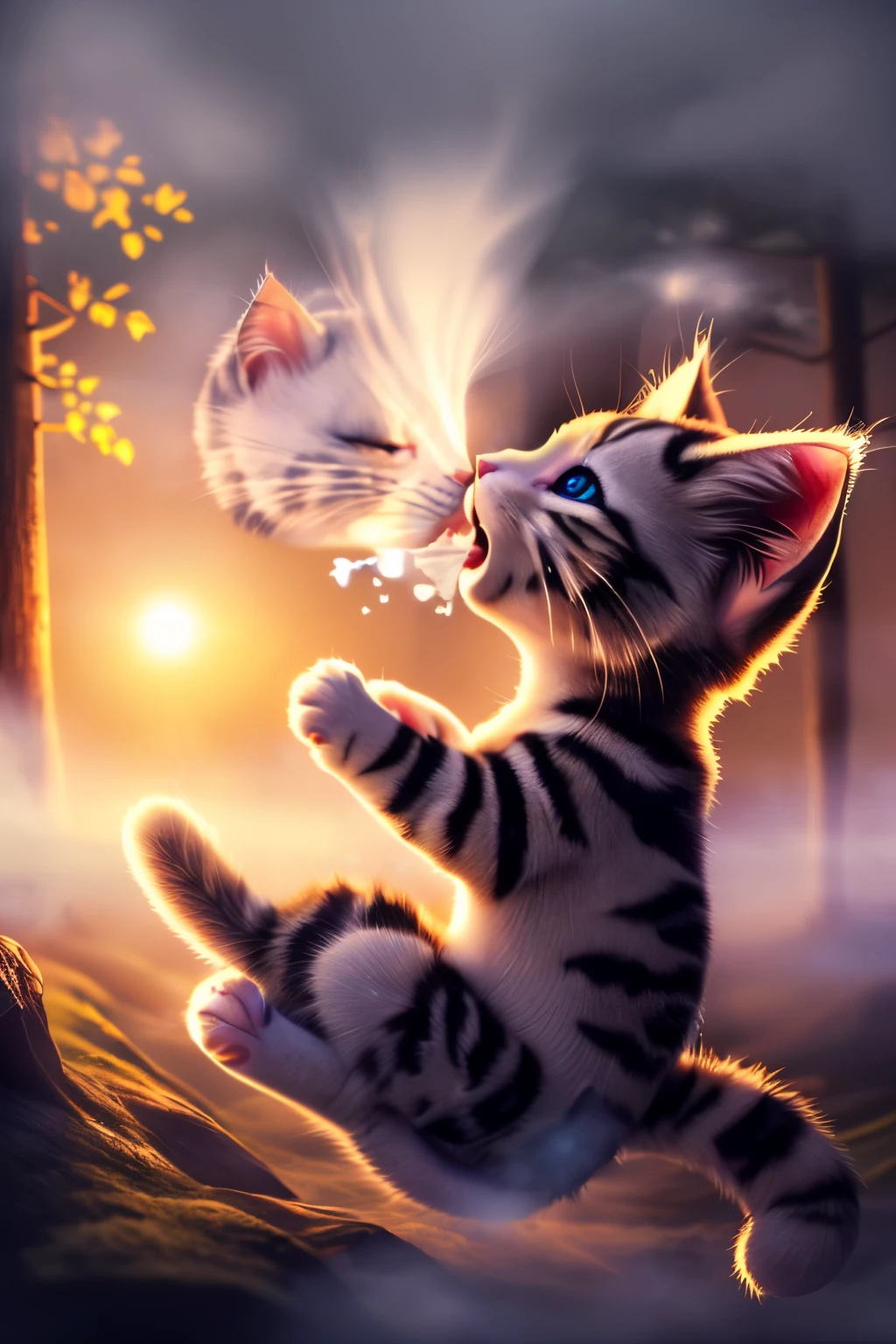 (Highest quality、masterpiece、8k))、Anatomically correct、Very detailed、High resolution、Cinematic lighting、Realistic、((Beautiful, sparkling, detailed eyes))、Intricate details、((Dynamic composition))、A cute little white kitten、Big head、(((A kitten exhaling white breath:1.4)))、((fog:1.4))、Beautiful forest、((Open your mouth))、Beautiful sunrise、