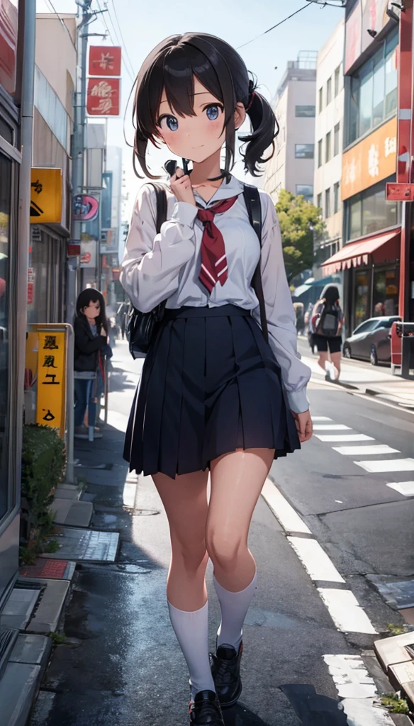 Anime Girls with headphones walking down the street in a , Beautiful mature schoolgirl, uniform、Beautiful girl anime visual, Kantai Collection Style,Manga illustration, Anime Girls, Illustrated , hand-drawn anime illustration, young anime, Shibuya Ward building district、Blurred Background、City Pop、whole body、Cowboy Shot、Nostalgia、Sleeve Cover、Make the subject bigger
