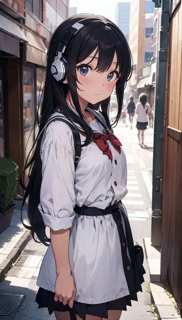 Anime Girls with headphones walking down the street in a , Beautiful mature schoolgirl, uniform、Beautiful girl anime visual, Kantai Collection Style,Manga illustration, Anime Girls, Illustrated , hand-drawn anime illustration, young anime, Shibuya Ward building district、Blurred Background、City Pop、whole body、Cowboy Shot、Nostalgia、Sleeve Cover、Make the subject bigger