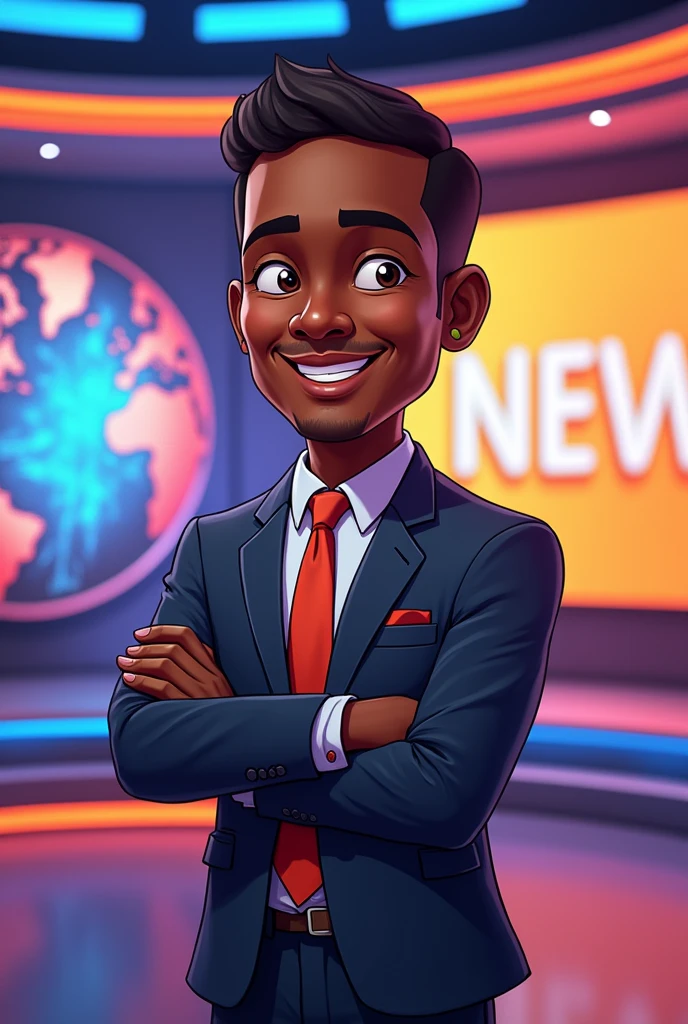 Create a picture of African American cartoon man presenting news in the chichewa Rhapsody of realities TV studio