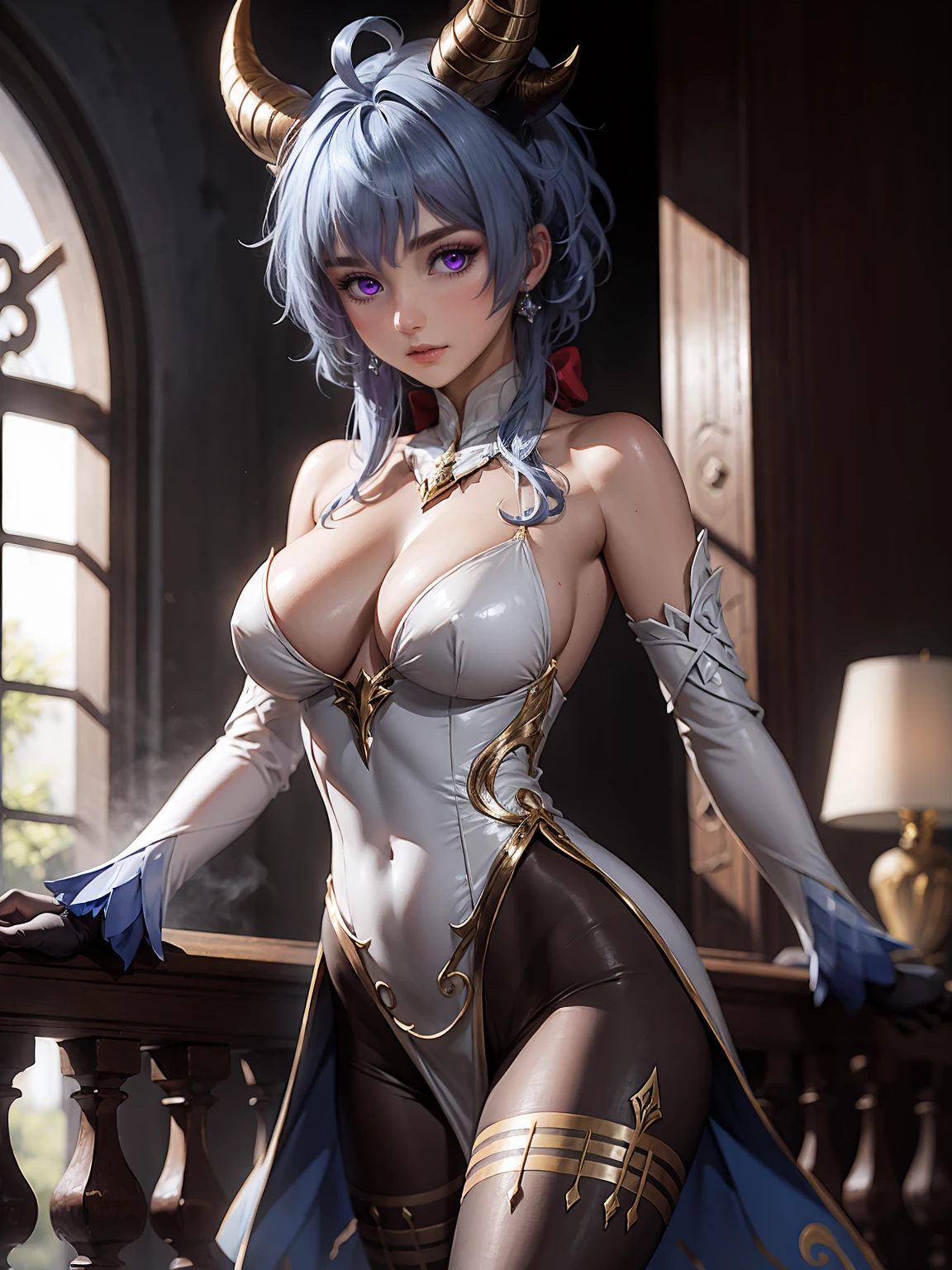 8K, Ultra High Definition, Super detailed, Shiny detailed hair, detailed face, fantasy landscape, solo, looking at viewer, {{best quality}}, {{masterpiece}}, {{ultra-detailed}}, {detailed light}, ultra high quality eyes, detailed eyes, perfect eyes, large eyes, purple eyes, blue hair, short hair, horns, beautiful, skinny body, white skin, slutty, erotic, blushing, standing in suggestive pose