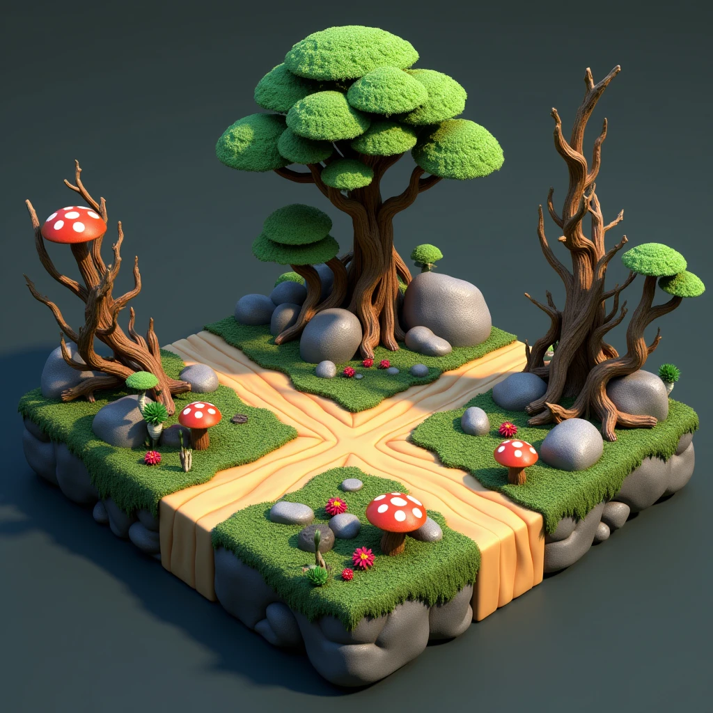 3D Model Games, Tribal style, Square land model with small flowing rocks, Ancient forest with rocks, Trees and mossy decaying wood, mushroom, Flower and grass growth. Ready to Play.