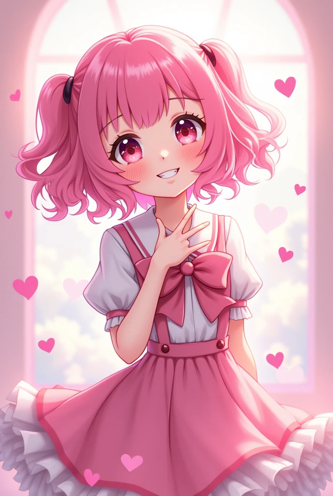 female、Pink and white school uniform、Pink-haired young lady hairstyle、Double teeth、恋の魔法少female程度の能力