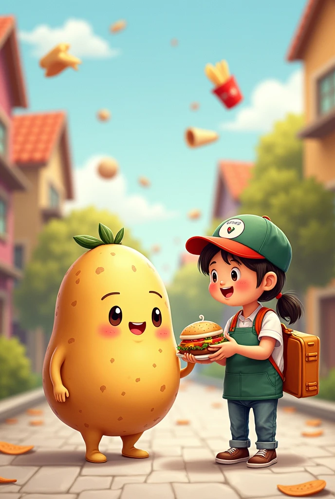 Drawing of a happy Potato and a food delivery guy.