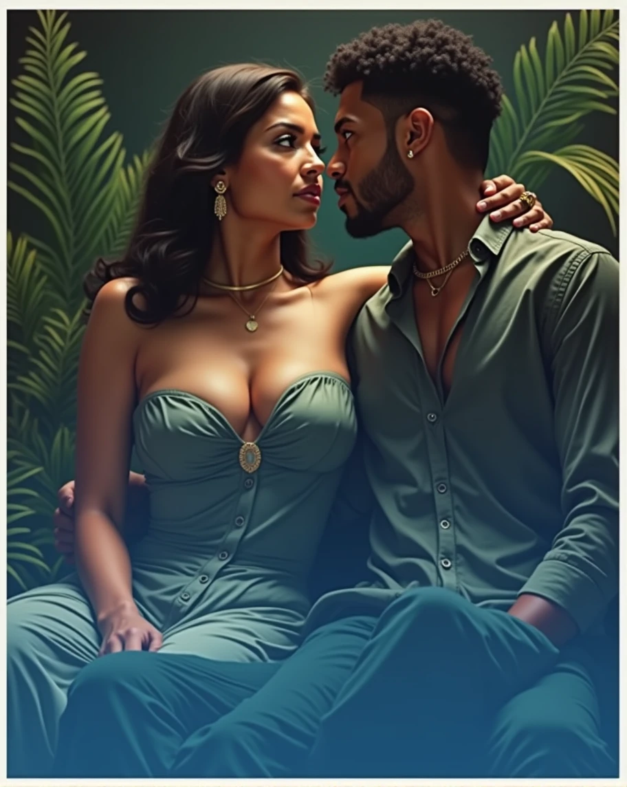 A young afroamerican man, a beautiful Latin woman with dark skin and chocolate color eyes looking at viewer, emerald green color, seductive, balanced, perfect beauty, (best quality,4k,8k,highres,masterpiece:1.2),ultra-detailed,(realistic,photorealistic,photo-realistic:1.37),oil painting,cinematic lighting,dramatic contrast,chiaroscuro,warm color palette,sensual,intimate,romantic,  luxury for all the way scene 
