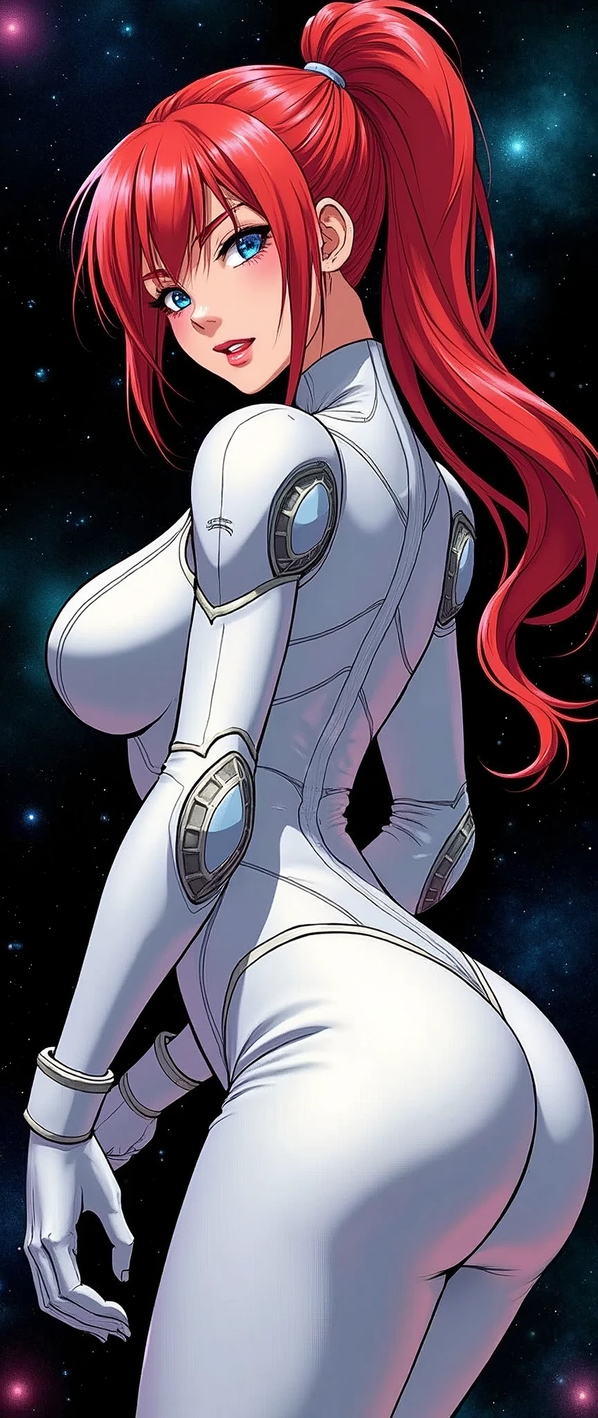 (masterpiece:1.2),(Highest quality),(Very detailed),(Ultra-high resolution),(Best illustrations),8k,wallpaper,Samus Aran,ponytail,Metroid,(White Zero Suit:2.0),(Back view:2.0),whole body,psychedelic,Neon Art,Vector art,Layered textures,sf,cyber punk,(Super sexy:na pose 2.0),(Super huge breasts:2.0),(Super thick thighs:2.0),(Super sexyなパワードスーツ:2.0),(Detailed depiction of the Zero Suit:2.0),(Super sensual:2.0),(The background is black and features a beautiful geometric pattern that is reminiscent of space.:2.0),(American comic book style:2.0)